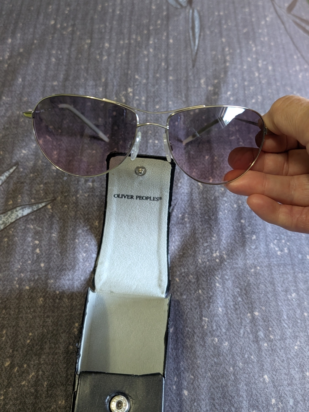 Unisex Oliver Peoples Silver Aviator Sunglasses with Purple Tint